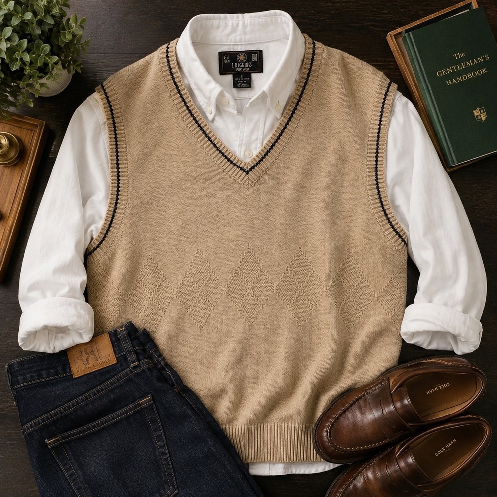 J. Riggins Sweater Vest V-Neck Argyle Texture Large Tan Preppy grandpa academia